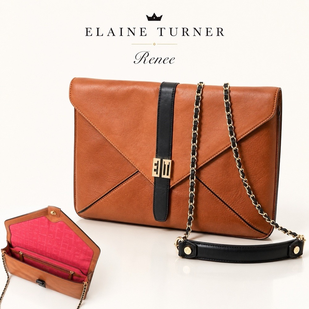 Elaine Turner Renee Leather Envelope Clutch Shoulder Bag Saddle Brown Black NWT